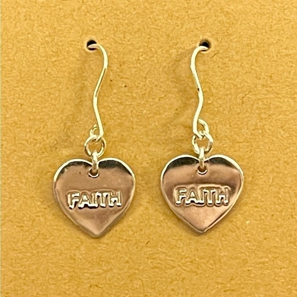 Sterling Silver FAITH Engraved Heart Dangle Earrings - Picture 1 of 3